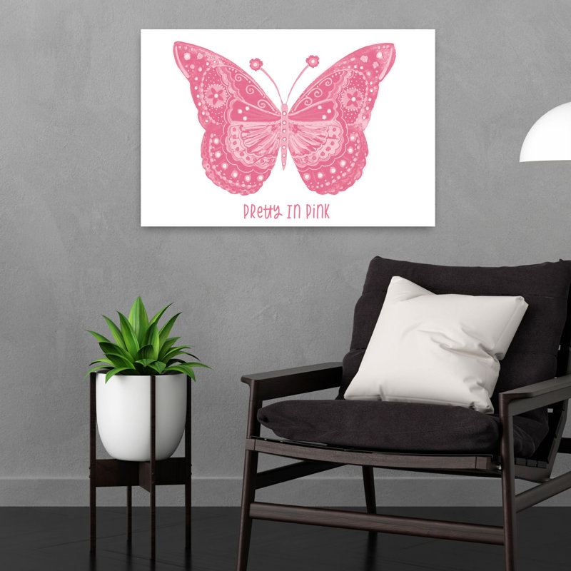 Joli papillon rose fantaisiste, art contemporain, H 16 po x l 24 po