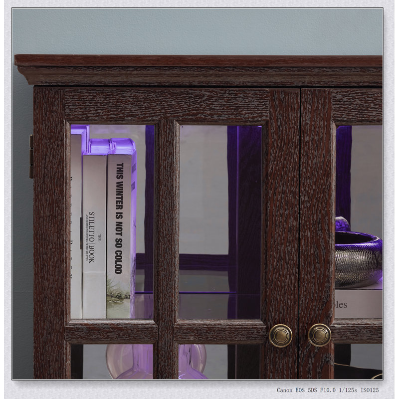 LED Curio Display Cabinet Antique Display Cabinet with Glass Doors Adjustable Shelves, Clear/Cherry
