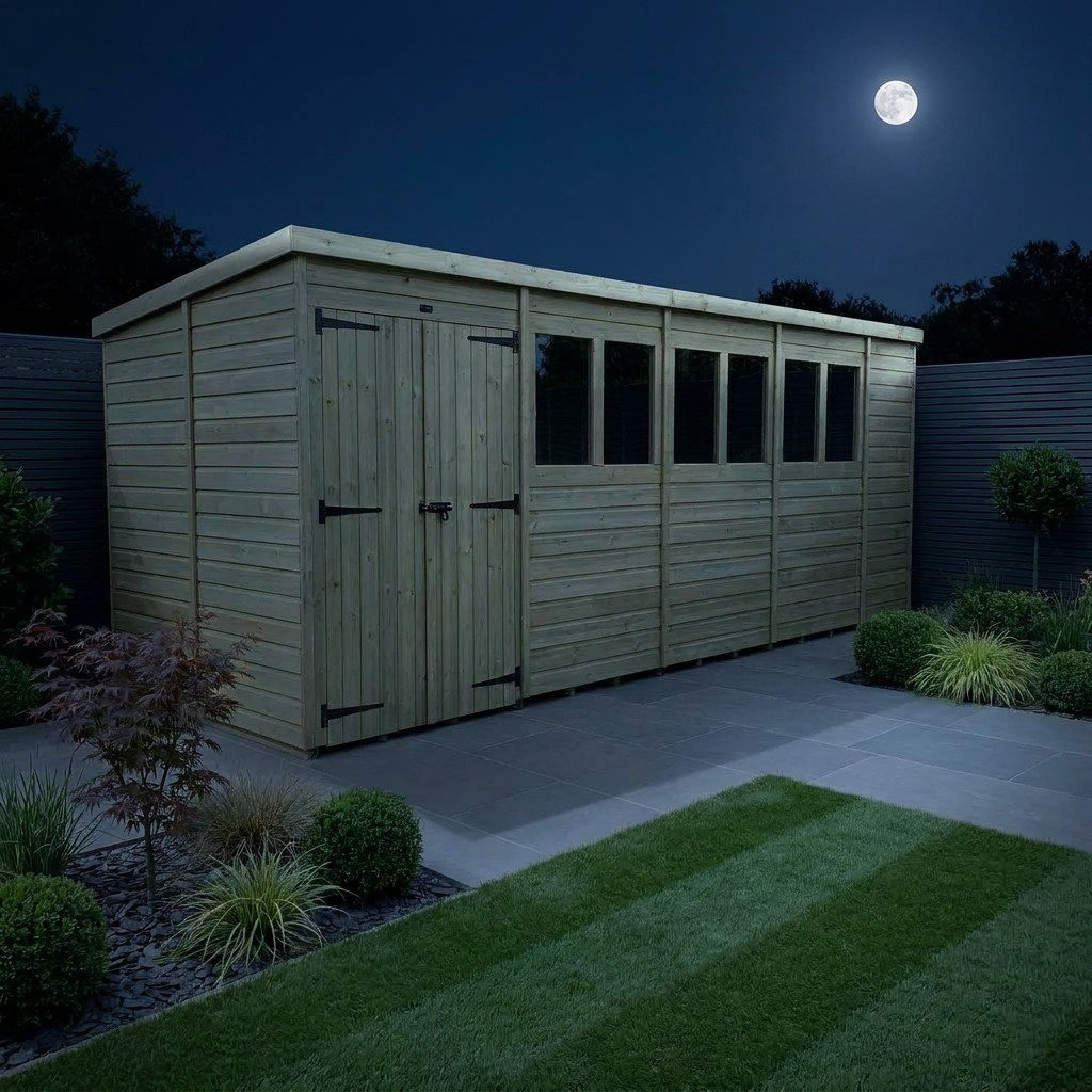 Total Sheds 18ft x 7ft Pent Garden Shed - Double Door - With Windows - Pressure Treated Timber - UK Manufactured