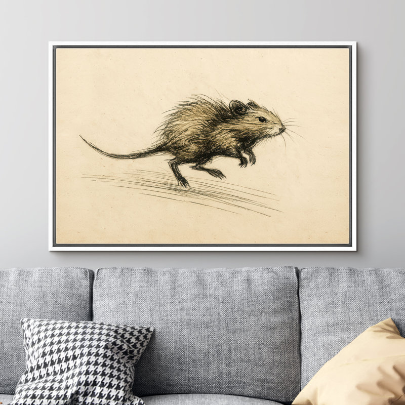 Art rétro de souris sur fond beige naturel - reproduction d'art sur toile encadrée, H 24 po x l 36 po x P 1,5 po, Cadre blanc