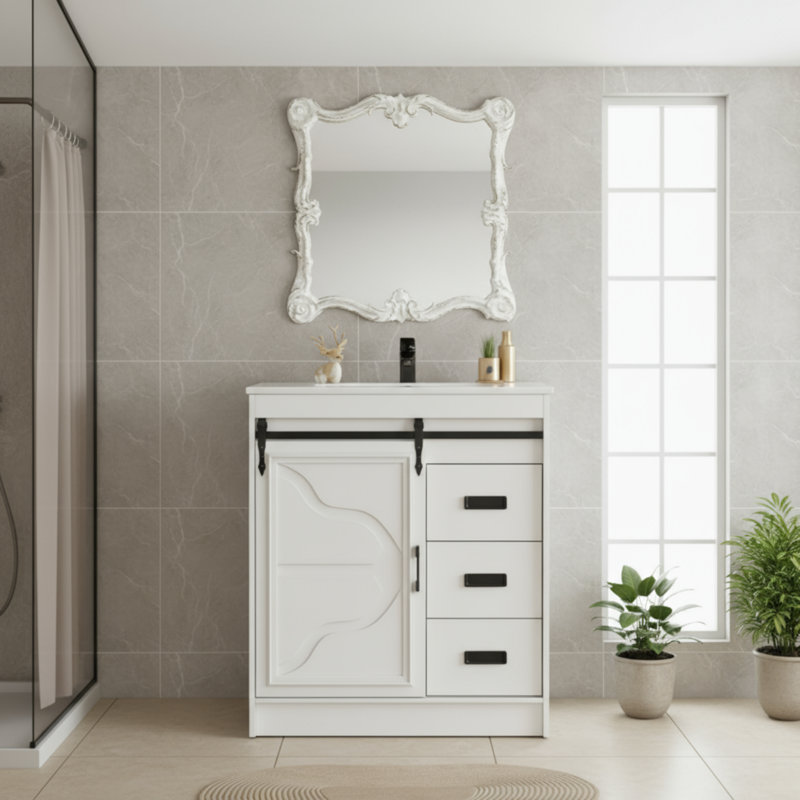 Farmhouse-Style Bathroom Vanity Set With Sliding Barn Door Cabinets, Storage Drawers, And A Small Single Basin Design.