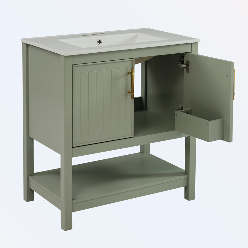 Meuble-lavabo de salle de bain avec lavabo en céramique et rangement polyvalent, Vert
