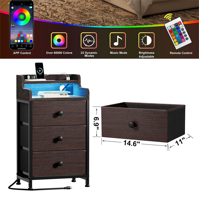 Grande table de chevet avec station de charge, Marron foncé