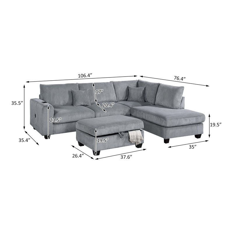 3-Piece Sectional Set, Light Gray Corduroy