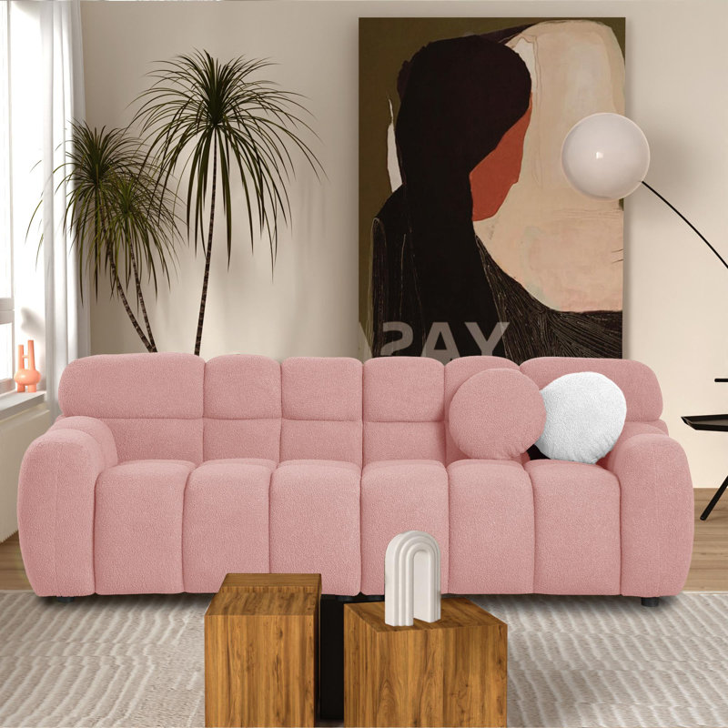 Kieayla 86.61" Modern Boucle Sofa, Tufted Cloud-Like Couch with Deep Seating, Foam and Spring Filled, Includes 2 Pillows, Soft Textured Upholstery for Living Room, Pink