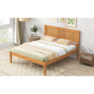 Full Size Platform Bed With Supportive Headboard - Wood Slat, No Box Spring, Oak Color Frame For Spring Needed