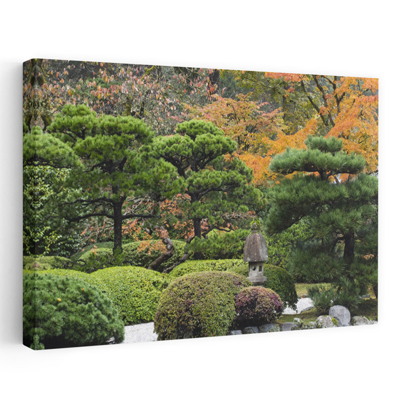Trees And Bushes In Autumn In Japanese Garden Portland Oregon USA by Dan Merkel - Wrapped Canvas Print