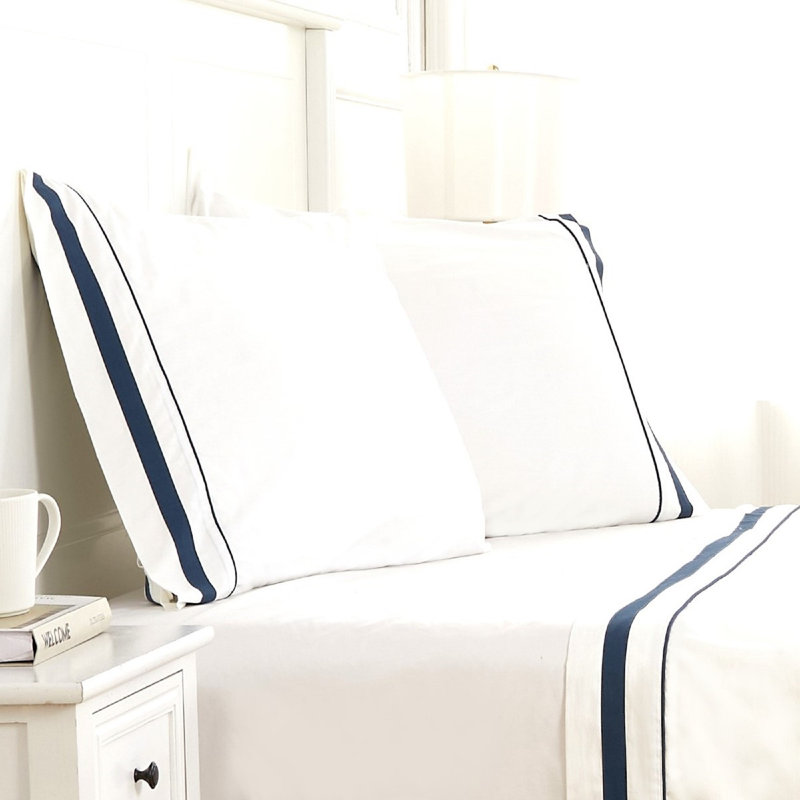 Classic Double Border Sheet Set, Full Sheet Set with 2 Pillowcases, Navy