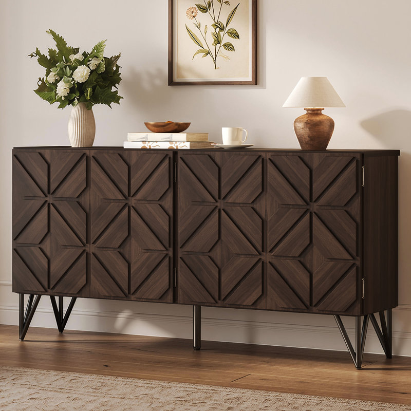 62" Solid Wood Sideboard With Hand-Carved Door Panel, Walnut Brown