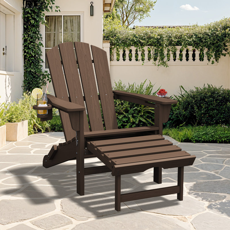 Outdoor HDPE Folding and Rocking Adirondack Chair With Double Cup Holder and Ottoam , Brown