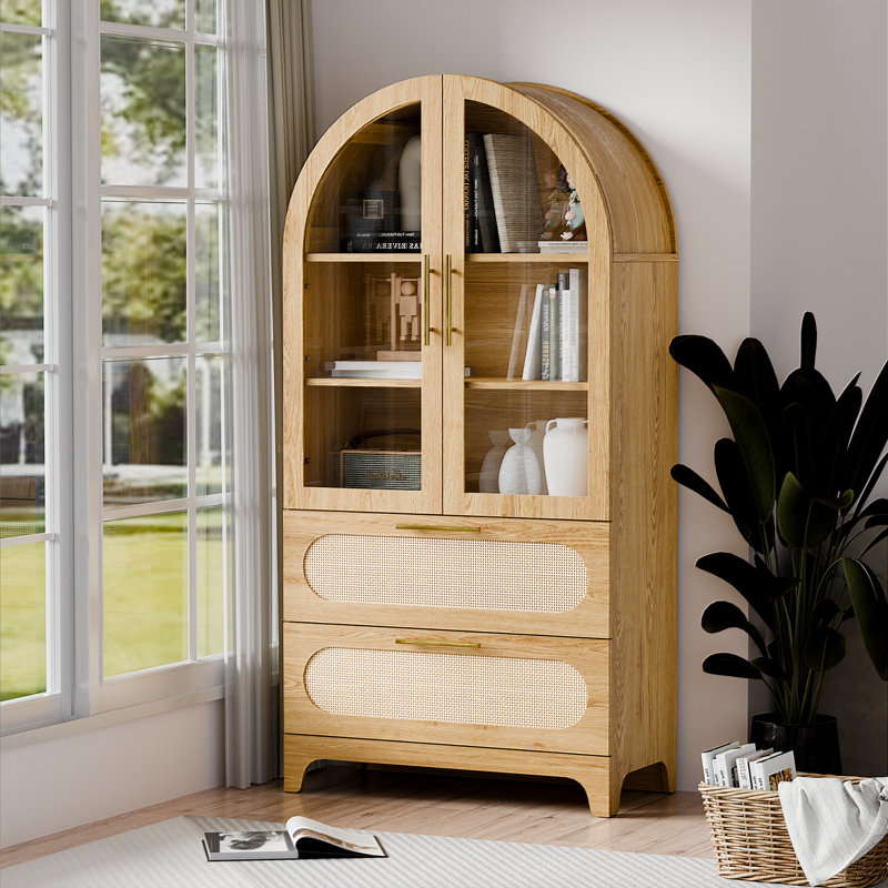 Armoire de rangement arquée moderne avec tiroirs en rotin et portes en verre, huche à 3 niveaux avec 2 grands tiroirs de rangement