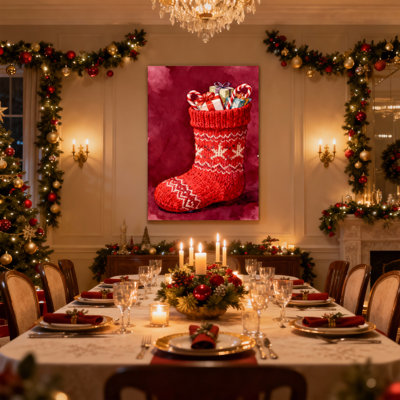 Christmas Red Knitted Christmas Stocking With Gifts Set of 3 Canvas Wall Art Prints