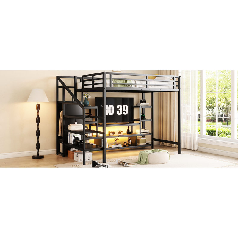 Lit mezzanine en métal avec meuble télé et mobilier de chambre à coucher pratique - Marches de divertissement noires, Noir