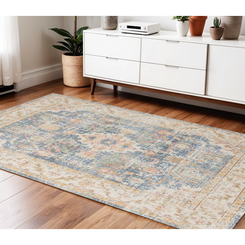 Tapis floral bleu et orange 4 pi x 6 pi
