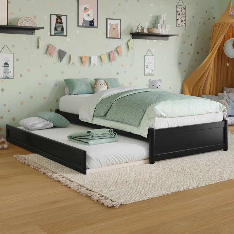 Lit plateforme en bois massif Lamariah avec lit gigogne assorti, Simple, Noir