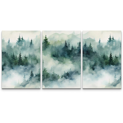 «Misty Evergreen Forest Landscape in Soft Green Tones», reproduction d'art sur toile encadrée, 3 pièces