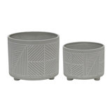 Pinar Stoneware Ceramic Planters with Engraved Geometric Pattern, Modern Footed Design for Indoor & Outdoor Use, Durable & Decorative Plant Pots, Set of 2