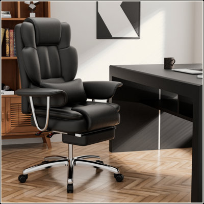 Office Chair, Big And Tall Executive Office Chair With Footrest, Leather Computer Chair, Ergonomic Reclining Chair High Back, Large Home Office Chair (Black)