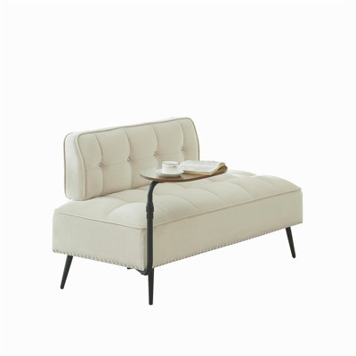 54-Inch Modern Two-Seater Velvet Sofa with Backrest & 360° Rotating Side Table – Entryway Ottoman, Multi-Use Bench, Office Desk and Chair Set, Space-S