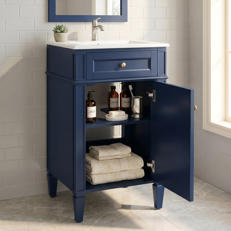 Meuble-lavabo autoportant de 18 po en MDF avec lavabo intégré en céramique, meuble-lavabo simple en bleu avec porte à fermeture douce, tablette réglable et pieds pleins
