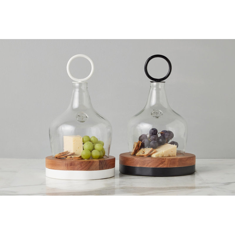 Glass Cloche Food Cover, Ring Handle, Small, Clear/White