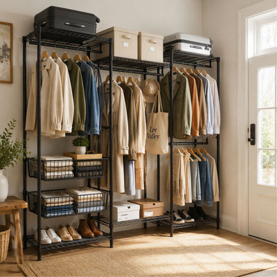 Heavy Duty Freestanding Garment Rack with 4 Hanging Rods and 2 Wire Baskets, Large Size Clothing Rack with Adjustable Wire Shelves, 68.5 x 17.1 x 76.4 Inch, Black