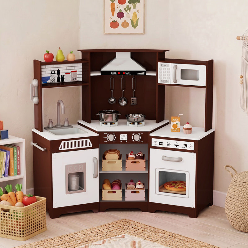 Preschool Kitchen Set, Corner Wooden Pretend Toddler Kitchen Toys Playset, Brown
