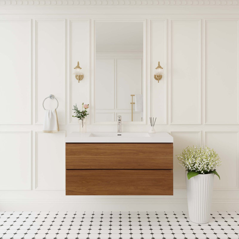 Meuble-lavabo flottant avec lavabo intégré et rangement mural