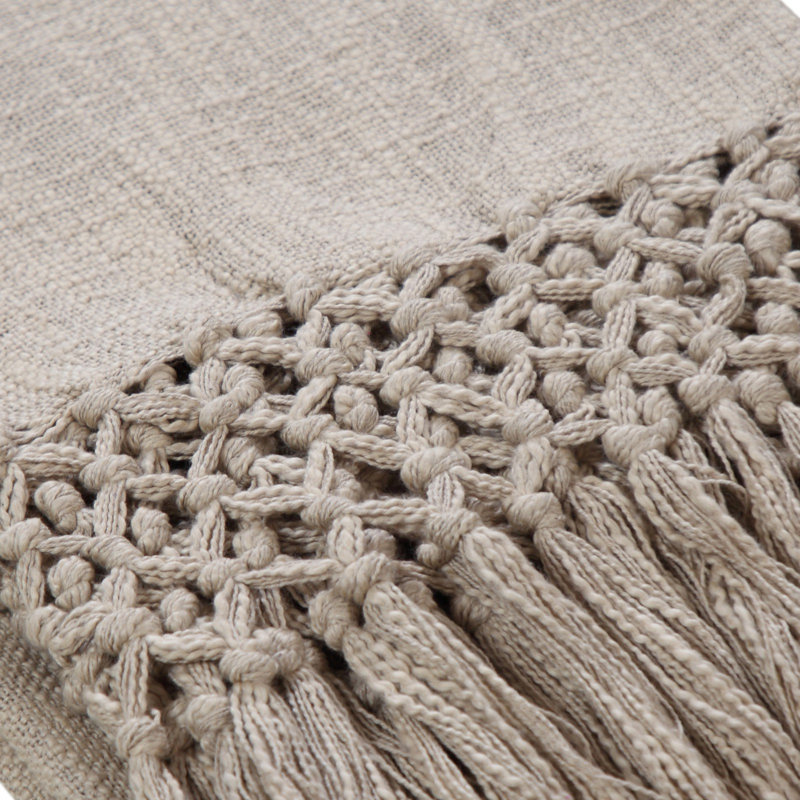Braden Beige Knitted Cotton Throw Blanket with Fringe