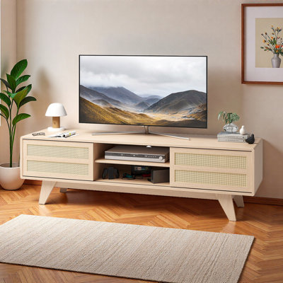 Meuble télé 65 po Bohémien avec portes en rotin et tablettes réglables