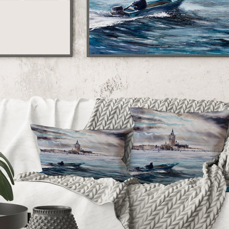 Carré, tempête sur Venise en Italie - Coussin décoratif imprimé nautique et côtier, 16" x 16"