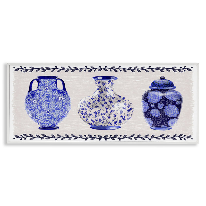 Vases traditionnels bleus encadrés par Raquel Maciel, Estampe numérique encadrée blanc bord de mer, H 13 po x l 30 po