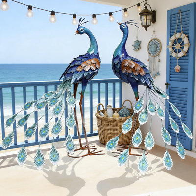 Ensemble de 2 statues de paon en métal peintes à la main, art de jardin extérieur de 29 pouces pour le patio et la cour