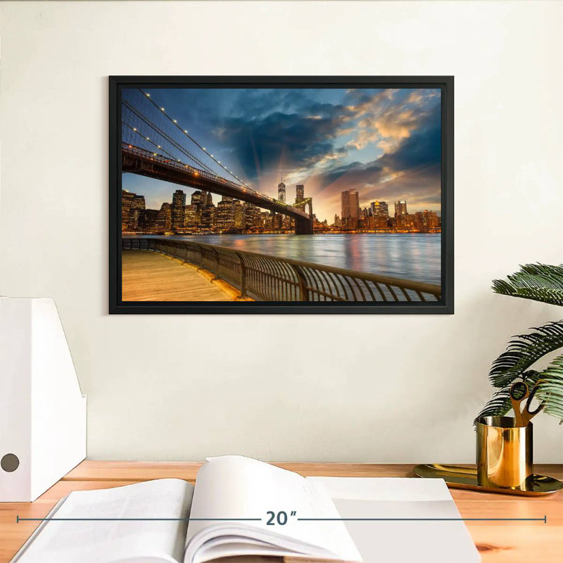 Soleil de Brooklyn Bridge, Cadre flottant noir, 13 po x 9 po