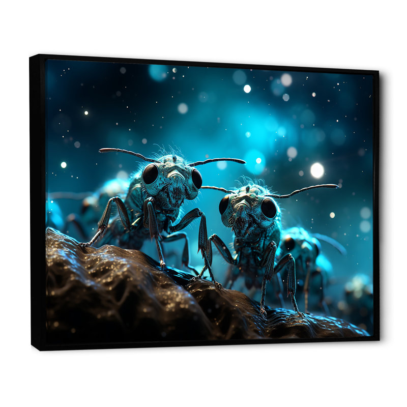 Fourmis lunaires argentées sur toile, H 30 po x l 40 po x P 1,5 po, Cadre flottant noir