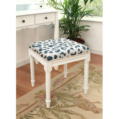 Navy Blue Cheetah Print Linen Upholstered Vanity Stool With Distressed Gray Finish And Welting by Canora Grey