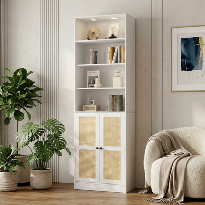 85.8" H X 23.6" W 7-Tier Large Rattan Wood Storage Bookcase, Bookshelf With Storage Cabinet and White Downlights For Living Room, Study