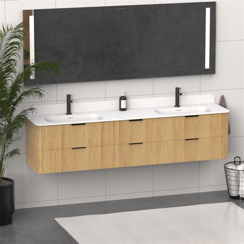 Meuble-lavabo cannelé en chêne doré 84 po avec lavabo intégré et quincaillerie noire 84 po