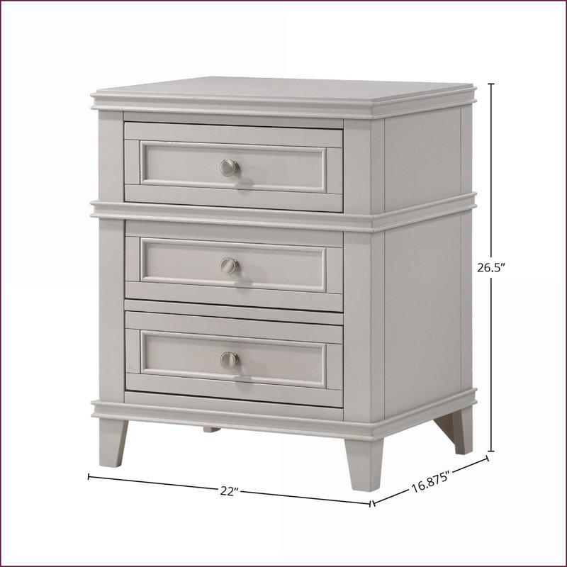 Table de chevet 3 tiroirs en peuplier massif avec chargement USB, Gris