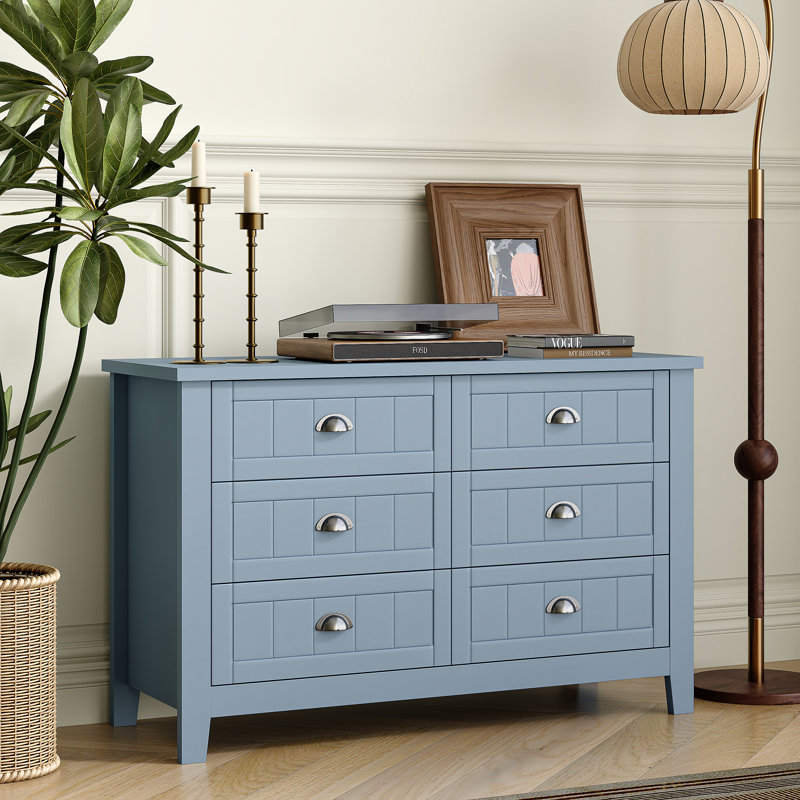 Kostka Modern 6-Double Drawer Storage Dresser with Silver shell Metal Handles, Available in Blue, Blue