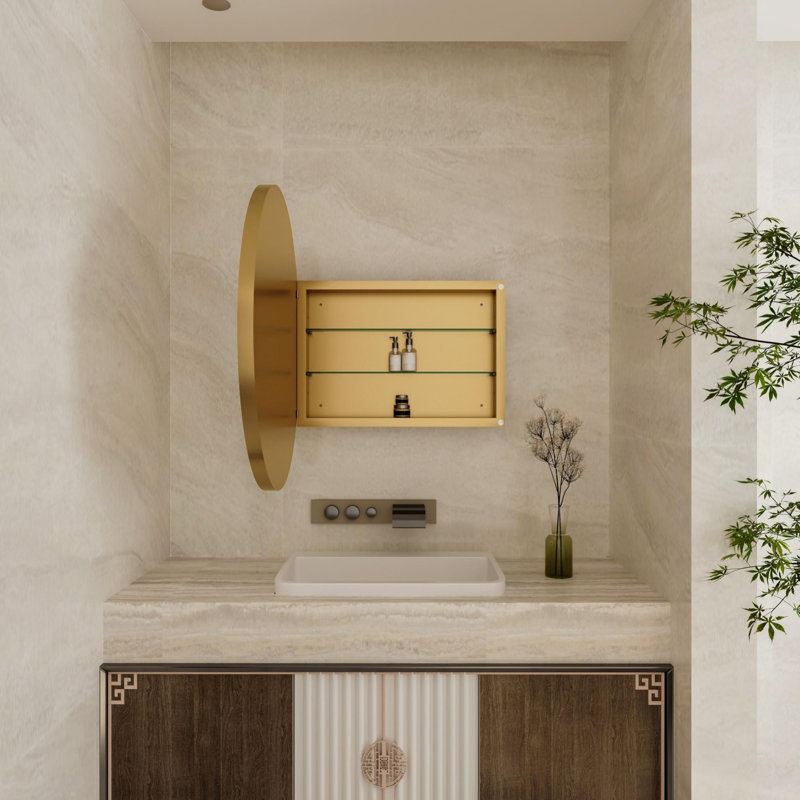 Armoire murale en métal avec miroir et tablettes réglables, Doré