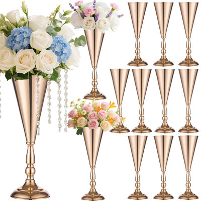 Golden Metal Trumpet Vase 14 Inch Tall, Wedding Centerpieces Flower Display Stand, Tabletop Flower Arrangement Holder For Home Anniversary Ceremony Party Decor