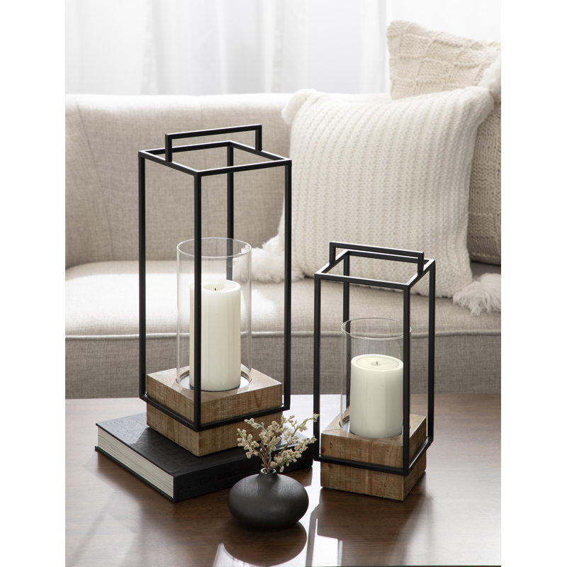 Wood and Metal Two-Piece Candle Holder Set, Brown/Black