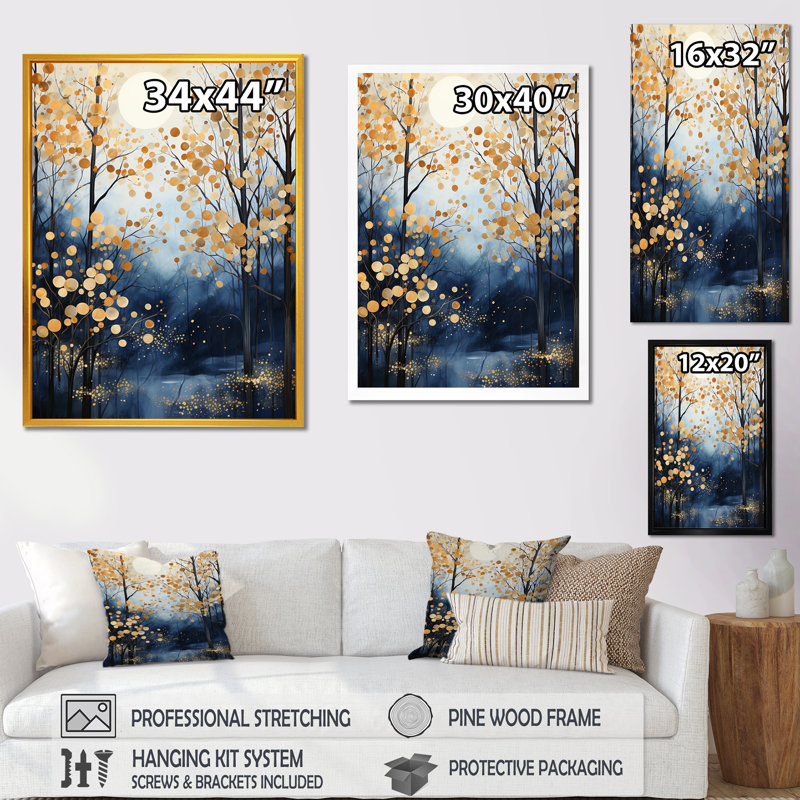 Gold And Blue Maple Tree Winter Forest III - Tree Maple Wall Art, Gold Floater Framed, 20" H x 12" W x 1" D