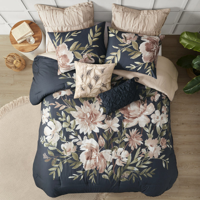 Édredon grand bleu marine 8 pièces - Coton doux avec imprimé floral rosé, Édredon grand + 7 articles supplémentaires