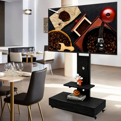 Chariot de télévision mobile de 32 à 75 pouces avec tiroir coulissant et roues verrouillables, support noir pour le salon, les bureaux de la chambre à coucher, + tiroir en métal à réglage horizontal 10 Up Down 30, sur roulettes