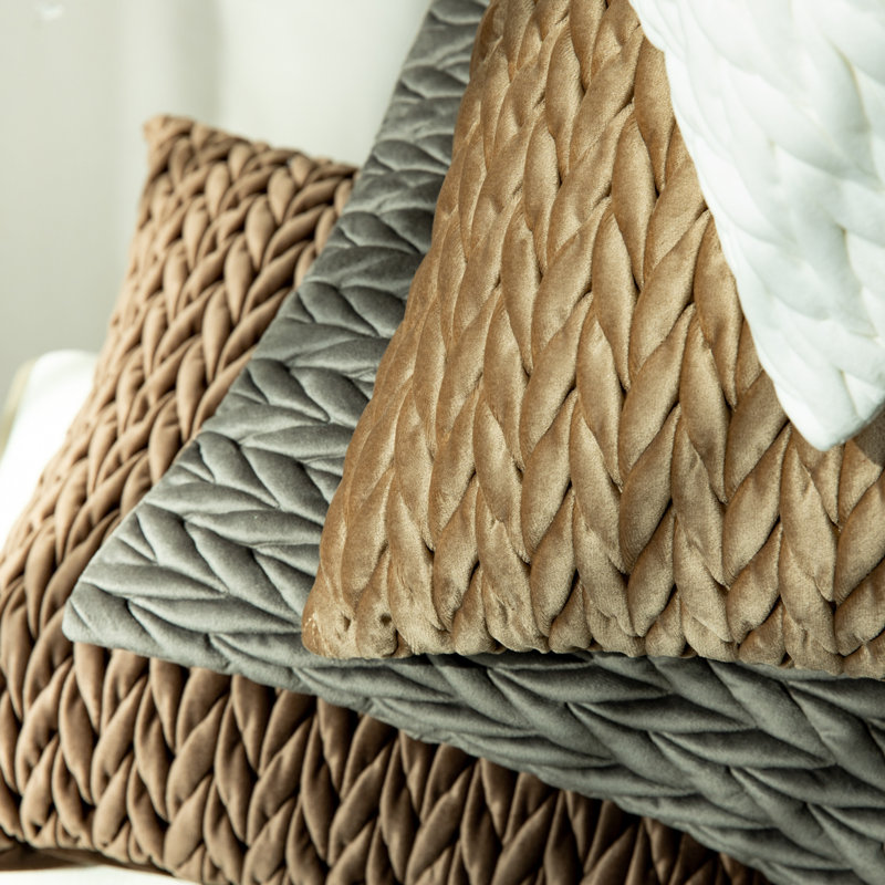 Dark Gray and Beige Quilted Velvet Square Throw Pillow Set