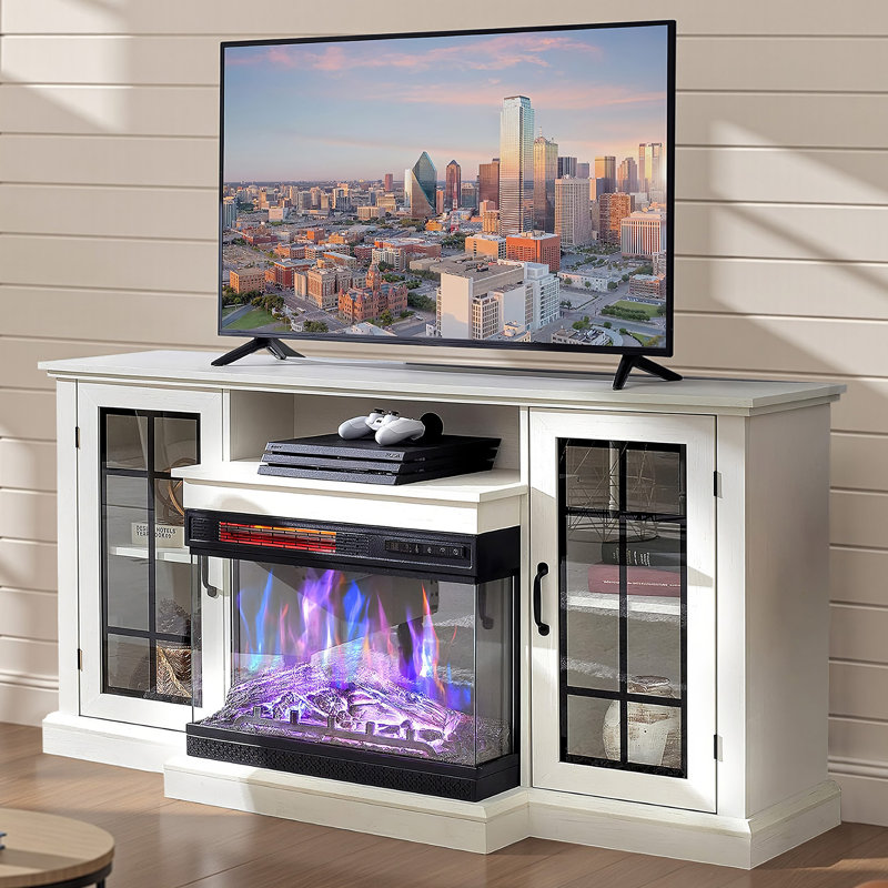 Alvilda 59" 3-Sided Glass Fireplace TV Stand, White, White, 59"