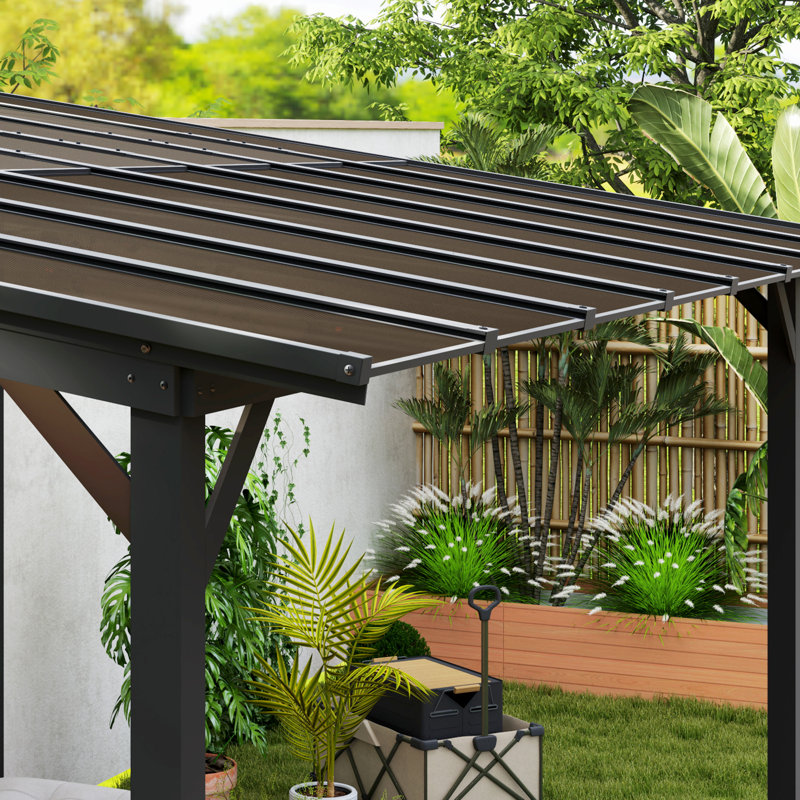 Outsunny 3 x 4.3 m Lean to Pergola w/UPF 50+ Polycarbonate Roof, 258cm H x 428cm W x 294cm D