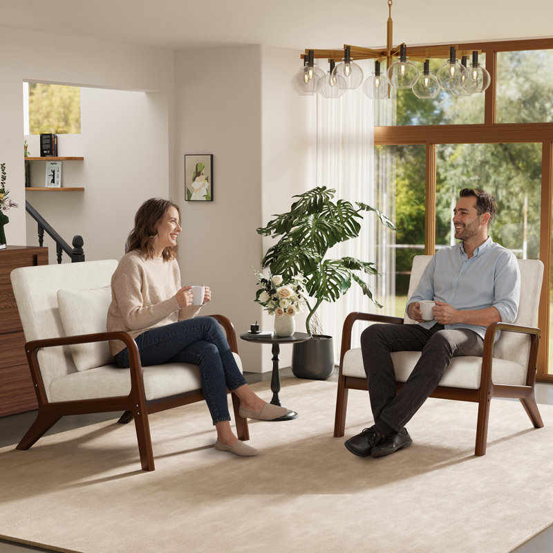 Fauteuil d'appoint rembourré en bois massif avec accoudoirs supplémentaires, accoudoirs bruns et lin beige